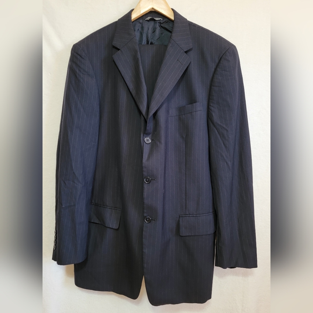 Men's Talbots Pinstriped Coat/Pant Suit‎ Set, Black, 44L /36 W, Pre-owned